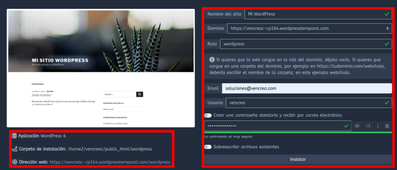 Datos del administrador de WordPress