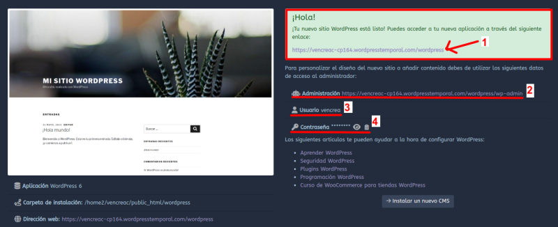 URL y datos de acceso a tu WordPress