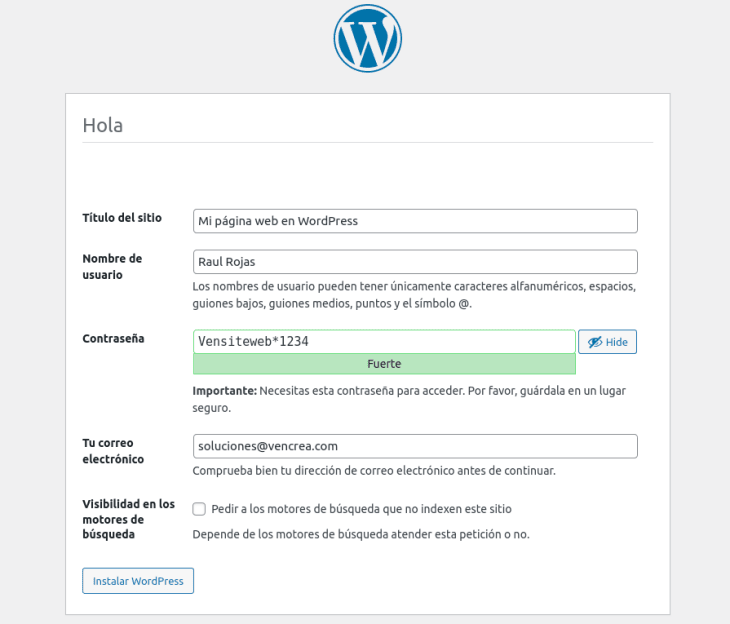 Rellena los campos de WordPress con los datos de acceso
