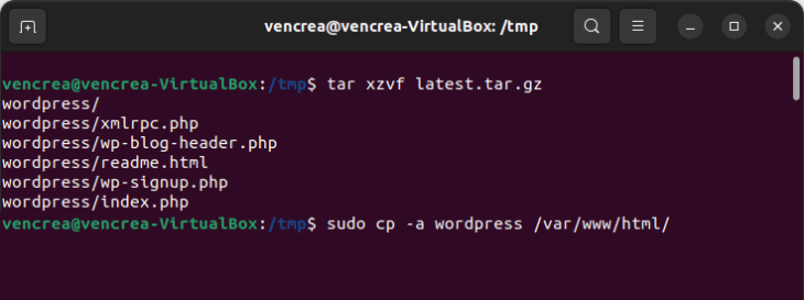 Descomprimir archivos de WordPress en Ubuntu
