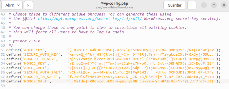 Configuración de claves seguras en el archivo wp-config.php