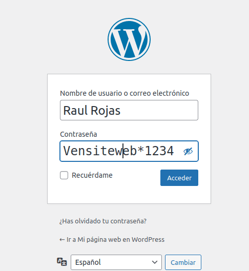 Agrega los datos de acceso a tu administrador de WordPress